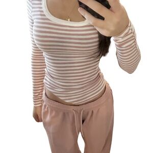 Divided Pink and White Striped Long Sleeve Tee